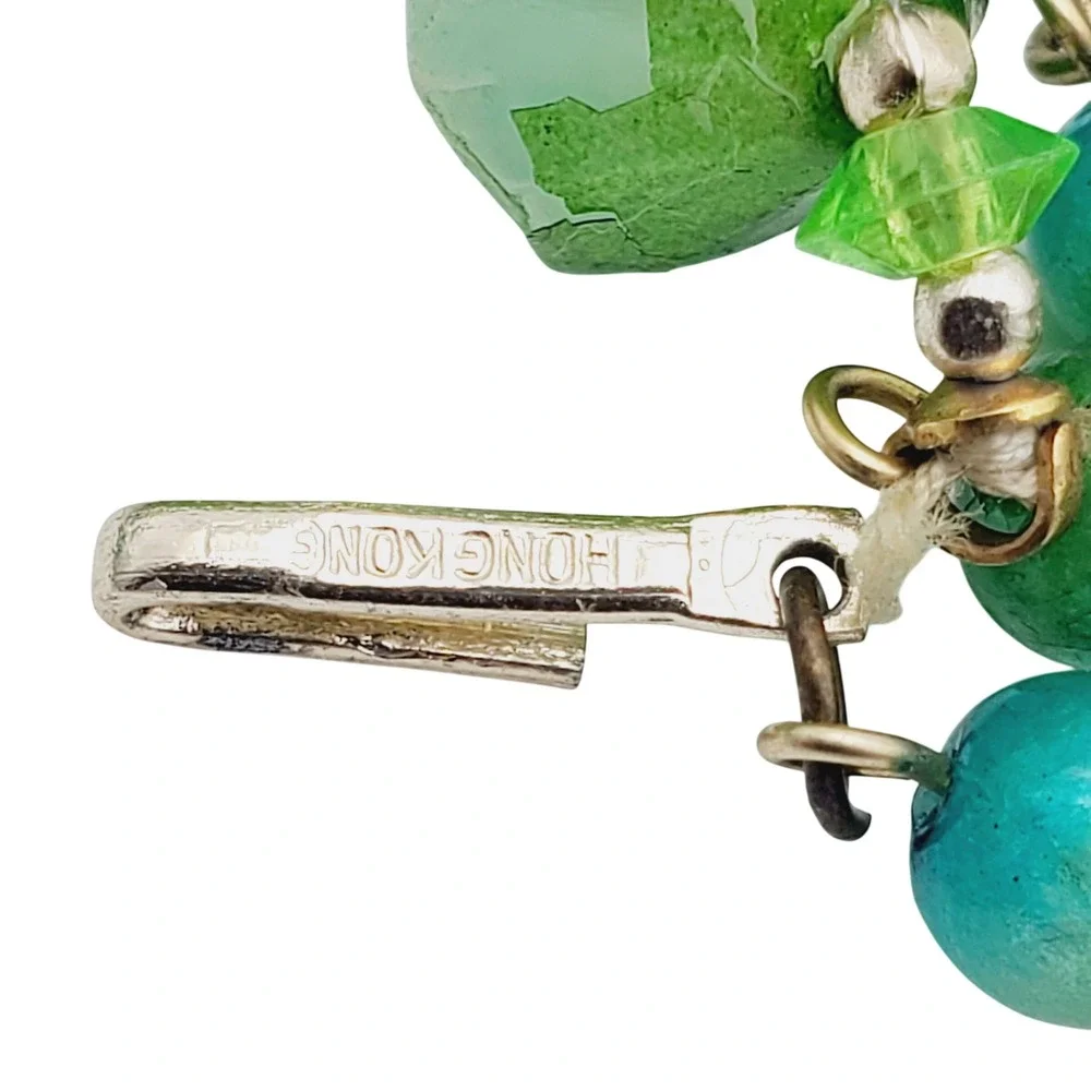 Hong Kong Necklace Clip Earrings Blue Green Flocked Beaded Acrylic Lucite Summer